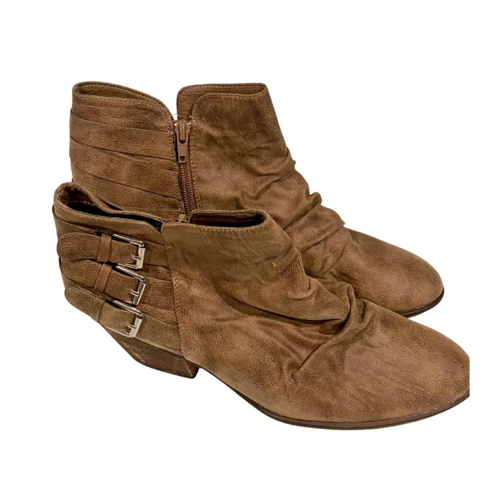 NWT Report Yora Brown Suede Ankle Bootie Boot 11 Block Heel Side Zip Buckle Boho